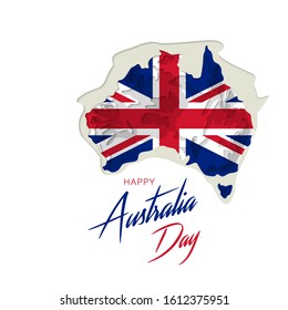 Happy Australia day lettering. Map of Australia paper cut with flag. Vector illustration