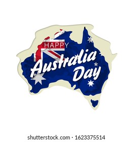 Happy Australia day lettering. Map of Australia paper cut with flag. Vector illustration