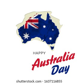Happy Australia day lettering. Map of Australia paper cut with flag. Vector illustration