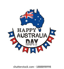 Happy Australia Day. Lettering with map of Australia and flags. Logo by January 26th in national colors. Vector illustration for poster design in doodle style.