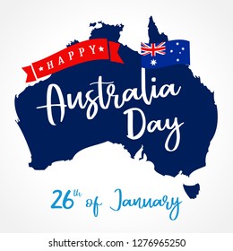 Happy Australia Day lettering on map, greeting card. Vector illustration for 26th january Australia day calligraphy banner with national flag and map