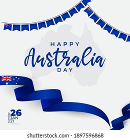 Happy Australia day lettering. Silhouette maps of Australia with waving flag.