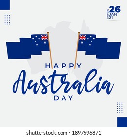 Happy Australia day lettering. Silhouette maps of Australia with waving flag.