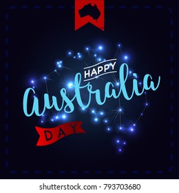 Happy Australia Day. Australia map with blurred lights.  Floating white and blue dot network on dark blue background. Eps 10
