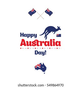 Happy Australia day. Map of Australia with flag and kangaroo. Flat vector illustration.