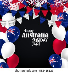 Happy Australia Day with National Flag Colors Buntings,Ballons, Confetti.26 January Festive.Template for Postcard Design,Banner, Flyer.Red,White and Blue.