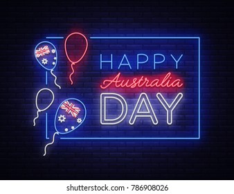 Happy Australia Day neon sign vector. Neon banner, bright card, luminous sign, Night neon welcome card Happy Australia 26 January. Flyer, design template for your projects