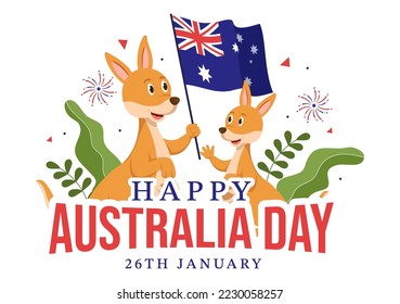 Alles Gute zum Australischen Tag, jeden 26. Januar mit Flaggen und Kangaroos in flachen Cartoon Hand gezeichnete Vorlage Illustration