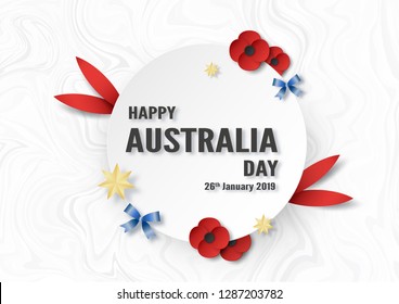 Happy Australia Day on 26 January. Template design for poster, invitation card, banner, advertising, flyer. Vector illustration in paper cut and craft style. 