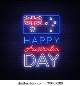 Happy Australia Day on January 26 festive background with flag in neon style. Neon sign, ribbon with national colors. Layout of the template for card, banner, poster, flyer, card. Vector illustration