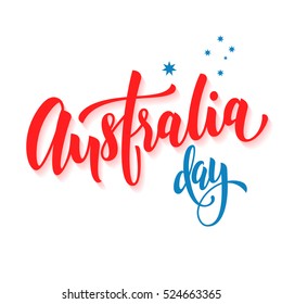 Happy Australia Day poster. Australian flag vector illustration greeting card with hand drawn calligraphy lettering. Australia text on white background with stars svg