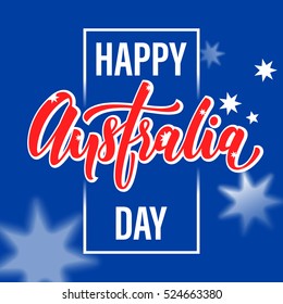Happy Australia Day poster. Australian flag vector illustration greeting card with hand drawn calligraphy lettering. Australia text on blue background with stars