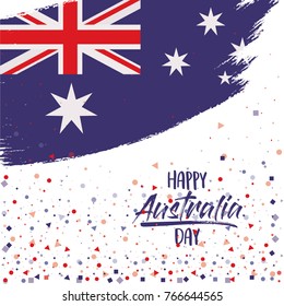 happy australia day poster with australian flag in brush strokes oval over white background with confetti
