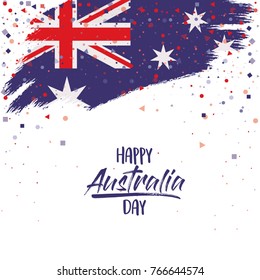 happy australia day poster with australian flag brush strokes upper edge over white background