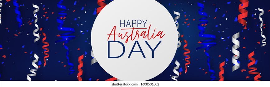 Happy Australia Day poster or banner. National holiday background design. Confetti over wooden wall. Website or newsletter header. Vector illustration.