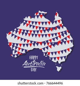 happy australia day poster with festoons in australia map in dark blue background