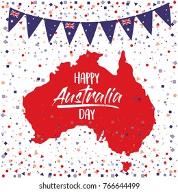 happy australia day poster with australia map in white background with colorful festoons and confetti