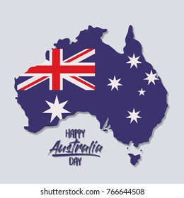 happy australia day poster with australia map with flag of australia day in light blue background