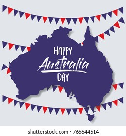 happy australia day poster with australia map and colorful festoons in background