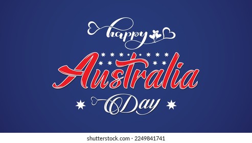Afiche del Feliz Día de Australia. Tarjeta de saludo de ilustración vectorial de texto de Australia con letras caligráficas hechas a mano. Texto australiano sobre fondo azul con estrellas
