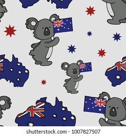 Happy Australia Day seamless pattern.
Festive background with flag, koala and map of Australia with national colors.