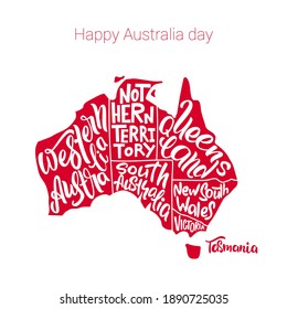Happy Australia day. Silhouette of the map of Australia with hand-written names of states - South Australia, Victoria, etc. Vector illustration. 
