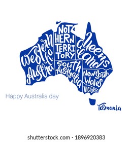 Happy Australia day. Silhouette of the map of Australia with hand-written names of states - South Australia, Victoria, etc. Vector illustration. 