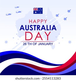 Happy Australia day with silhouette of Australia map, fighter jet, and flag, perfect for Australia Day poster, banner, car and social media posts.Vector illustration.