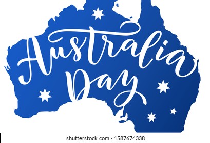 Happy Australia Day with stars and ribbon. Vector illustration Hand drawn text lettering for Australia day. Script. Calligraphic design for print greetings card, sale banner, poster. Colorful