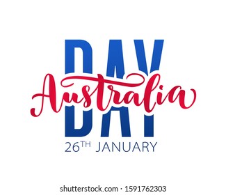 Happy Australia Day with stars and ribbon. Vector illustration Hand drawn text lettering for Australia day. Script. Calligraphic design for print greetings card, sale banner, poster. Colorful