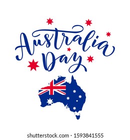 Happy Australia Day with stars and ribbon. Vector illustration Hand drawn text lettering for Australia day. Script. Calligraphic design for print greetings card, sale banner, poster. Colorful