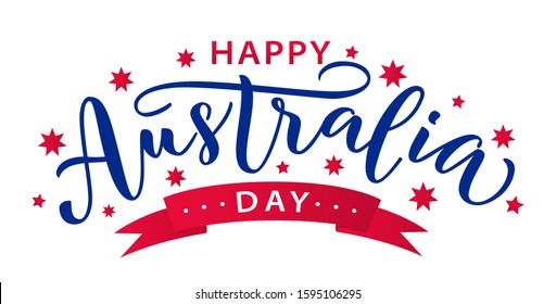 Happy Australia Day with stars and ribbon. Vector illustration Hand drawn text lettering for Australia day. Script. Calligraphic design for print greetings card, sale banner, poster. Colorful