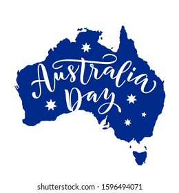 Happy Australia Day with stars and ribbon. Vector illustration Hand drawn text lettering for Australia day. Script. Calligraphic design for print greetings card, sale banner, poster. Colorful