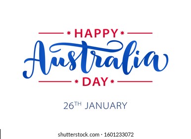 Happy Australia Day with stars and ribbon. Vector illustration Hand drawn text lettering for Australia day. Script. Calligraphic design for print greetings card, sale banner, poster. Colorful