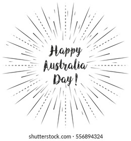 Happy Australia Day text with sun rays linear background. Vector card design with custom calligraphy