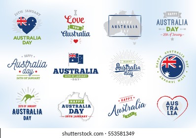 Happy Australia Day typographic set. Vector text design. Usable for banners, greeting cards, gifts etc. 26th of January. 