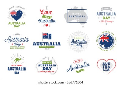 Happy Australia Day typographic set. Vector text design. Usable for banners, greeting cards, gifts etc. 26th of January.