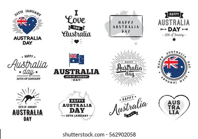 Happy Australia Day typographic set. Vector text design. Usable for banners, greeting cards, gifts etc. 26th of January. 