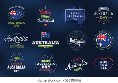 Happy Australia Day typographic set. Vector text design. Usable for banners, greeting cards, gifts etc. 26th of January.