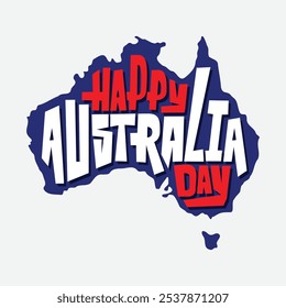 Ilustración vectorial de tipografía del Día de Australia feliz en una silueta de mapa australiana. Tarjeta de felicitación para el 26 de enero día de Australia Anuncio de caligrafía, cartel, diseño de Plantilla.