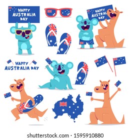 Happy Australia Day vector concept illustration set with cute kangaroo and koala characters isolated on a white background.