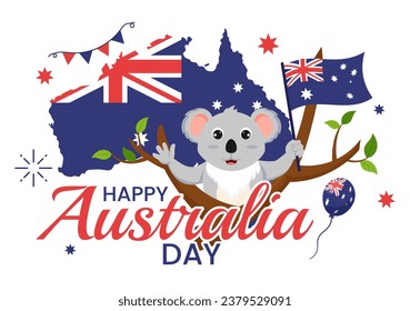 Happy Australia Day Vector Illustration on 26 January with Map and Australian Flag for Banner or Poster in Flat Cartoon Background Design