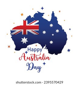 Happy Australia Day vector illustration for prints or cards for the holiday. Every Year on January 26th with Flags and Kangaroos Template Illustration. Happy Australia day lettering with flag on heart