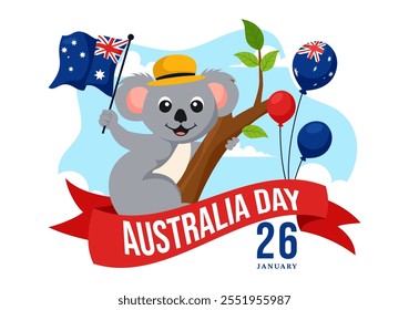 Feliz Ilustración vectorial del Día de Australia que celebra el 26 de enero, con un mapa y una bandera australiana ondeando en un fondo para un Festiva nacional