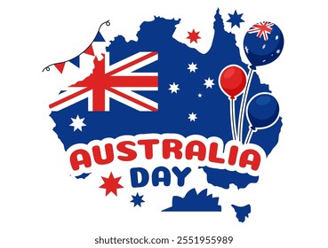 Feliz Ilustración vectorial del Día de Australia que celebra el 26 de enero, con un mapa y una bandera australiana ondeando en un fondo para un Festiva nacional