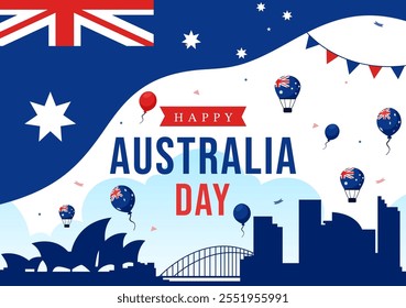 Feliz Ilustración vectorial del Día de Australia que celebra el 26 de enero, con un mapa y una bandera australiana ondeando en un fondo para un Festiva nacional