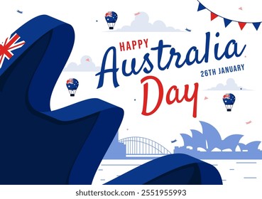 Feliz Ilustración vectorial del Día de Australia que celebra el 26 de enero, con un mapa y una bandera australiana ondeando en un fondo para un Festiva nacional