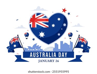 Feliz Ilustración vectorial del Día de Australia que celebra el 26 de enero, con un mapa y una bandera australiana ondeando en un fondo para un Festiva nacional