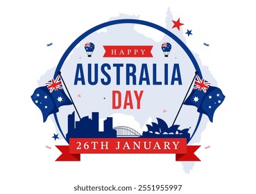 Feliz Ilustración vectorial del Día de Australia que celebra el 26 de enero, con un mapa y una bandera australiana ondeando en un fondo para un Festiva nacional