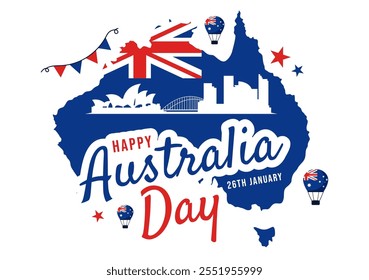 Happy Australia Day Vector Illustration Celebrating 26 January, Featuring a Map and a Waving Australian Flag in a Background for a National Holiday